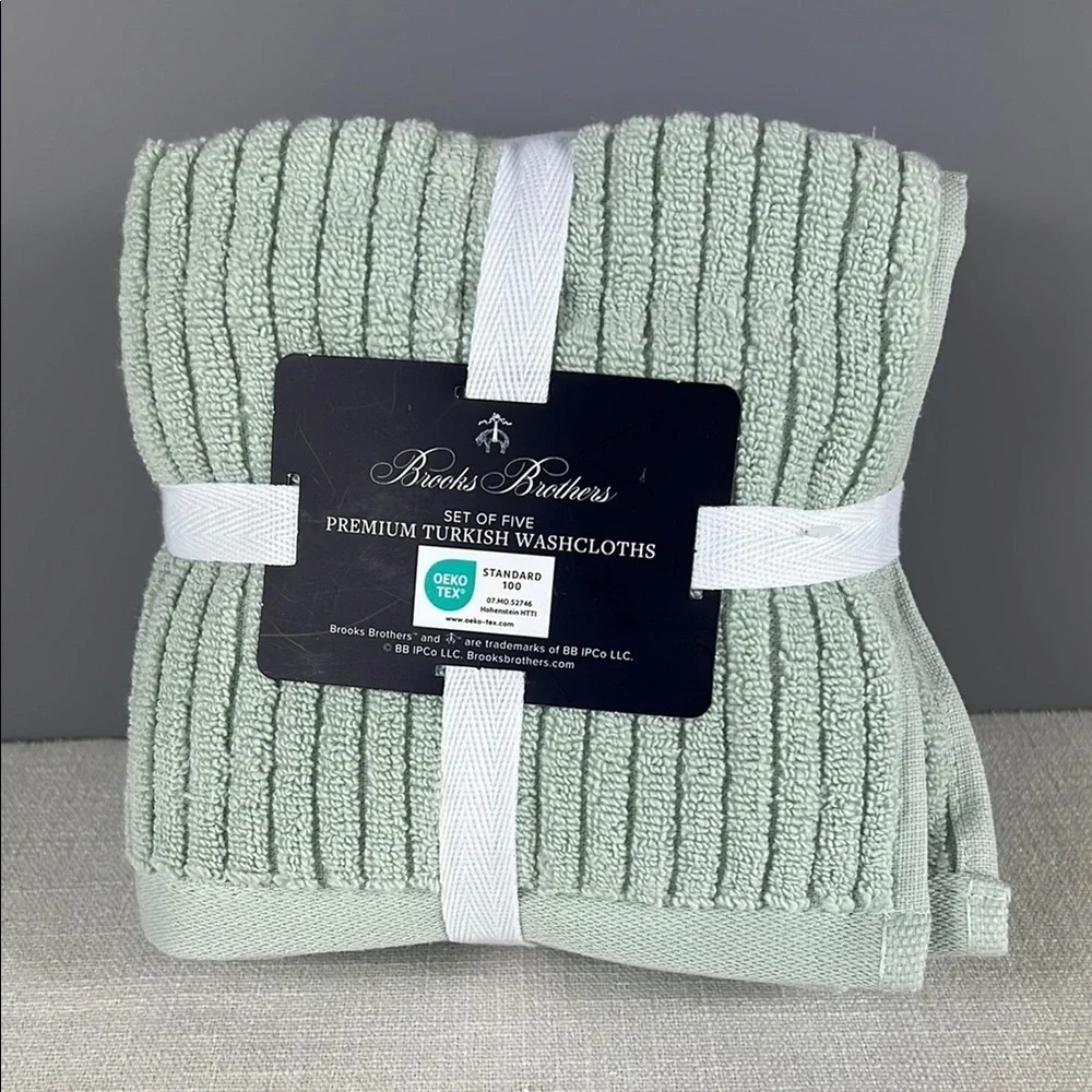 Brooks Brothers Green Turkish Washcloth Set 100% Cotton Luxury Soft 5 Pc NEW